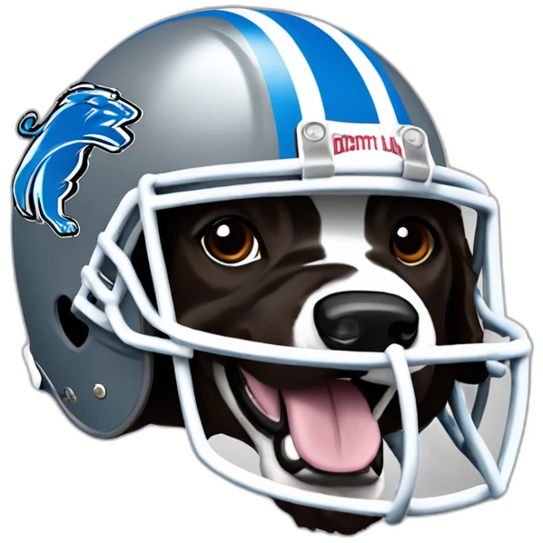 black springer spaniel wearing detroit lions football helmet emoji