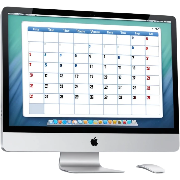 front view of an iMac with a single day-calendar on the screen, vertical list of hours on the left, horizontal rows for client slots, some slots marked as booked emoji