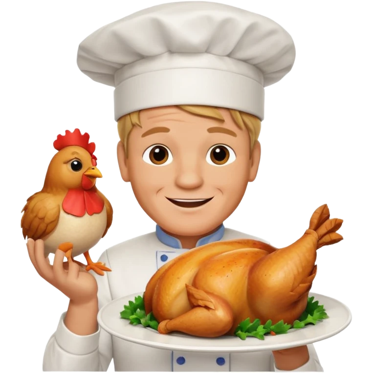 Gordon Ramsay smiling, presenting a roast chicken on a plate, chef hat emoji