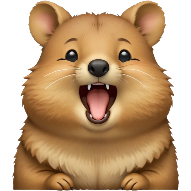 cinematic-realistic  yawning quokka-emoji,-small-round-frame, head tilted in an endearing manner, wouth wide open yawning, sleepy comical smile, round fluffy cheeks, giant-fluffy-cheeks-large-smile-fluffy-brown-fur-radiating-a-warm-softness,-big-round-eyes-filled-with-joy, realistic round  fluffy zoomed in, large black eyes one paw raised in the air emoji