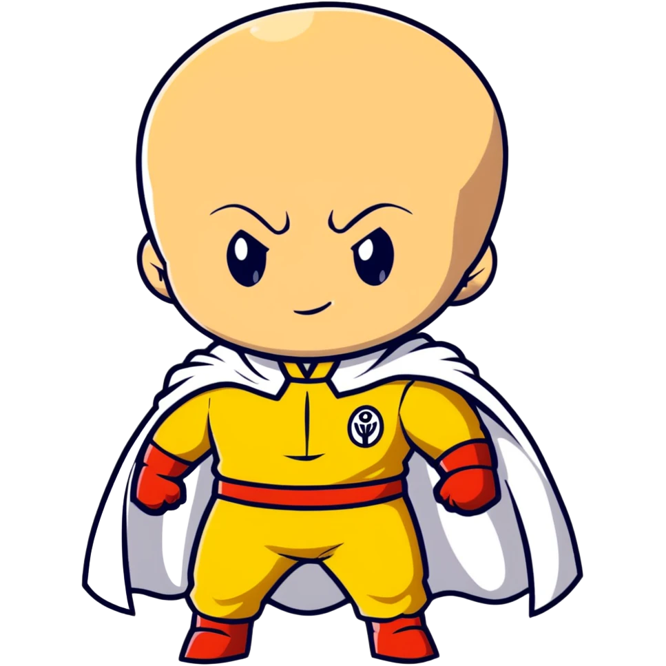 super cute chibi Saitama from One Punch Man with bald head, yellow jumpsuit, white cape and innocent face emoji
