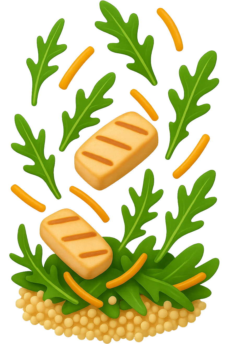 EMOJI STILE IPHONE DI Insalata di quinoa e pollo con rucola e carote che cade verticalmente dall'alto, iperrealistica 4k emoji