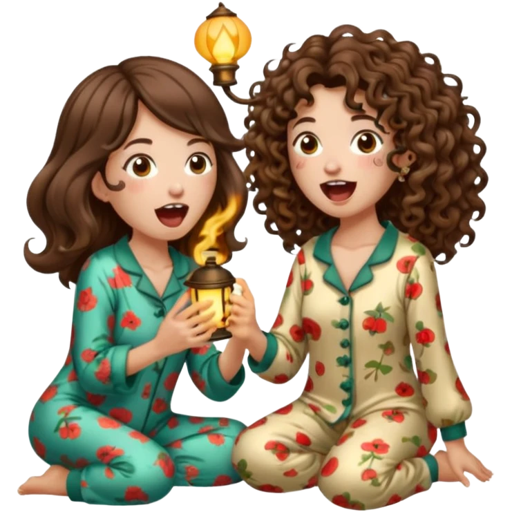 pajama forest duo — long wavy brown hair tattooed woman and short tight curly brown hair woman — mushroom pajamas yawning with lantern emoji