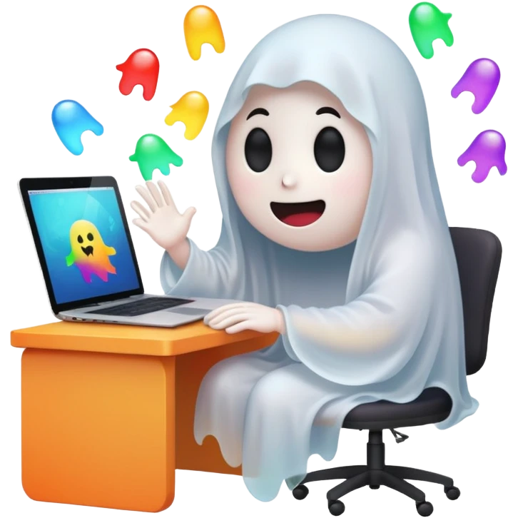 A cute ghost sits in front of a desk and is designing it with a laptop. see a laptop screen, and there is a photoshop screen on the screen. On the ghost surface, many shapes are leaving. emoji