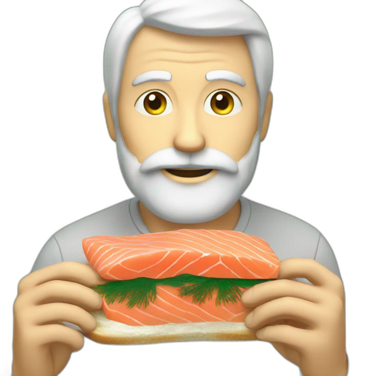 a white bearded man eating raw salmon on bread with dill on top of it emoji