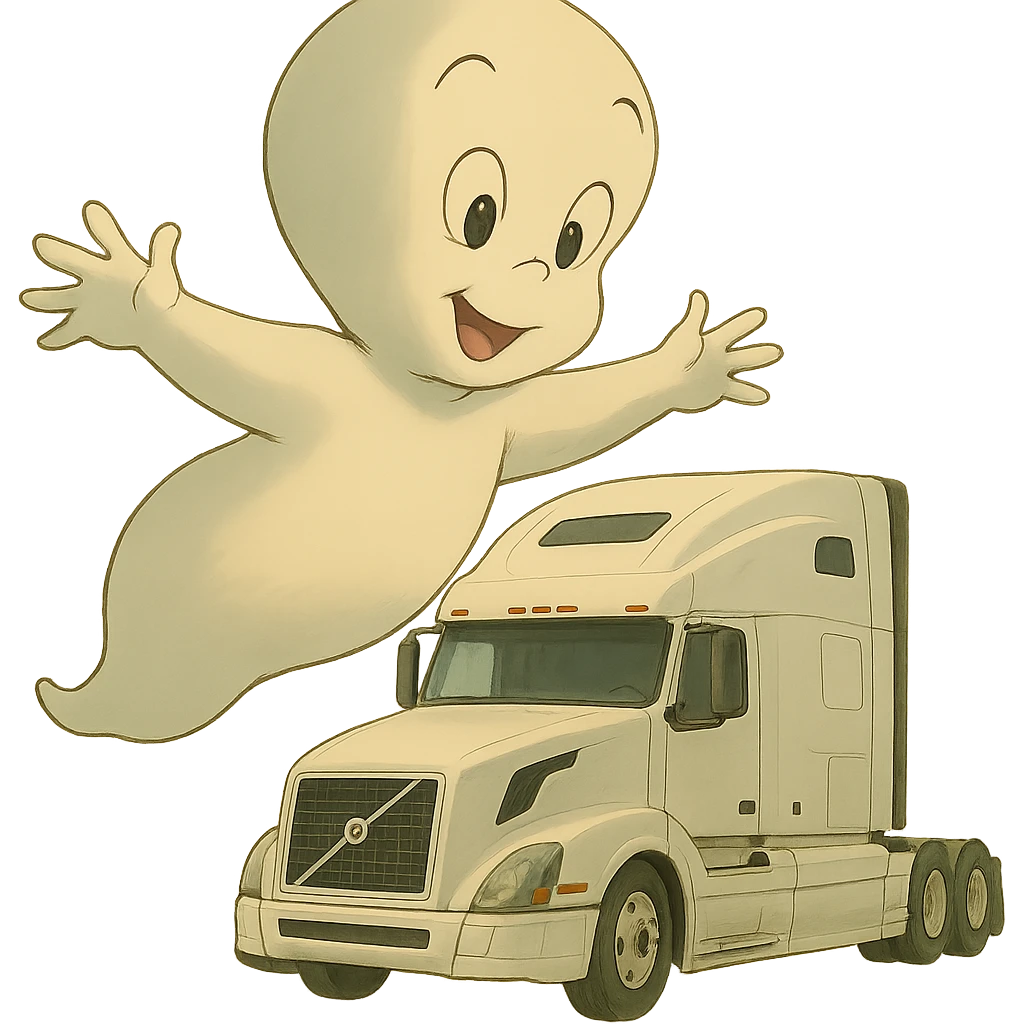 Make Casper the ghost much larger compared to the white semi truck in ghibli style, keep transparent background. emoji