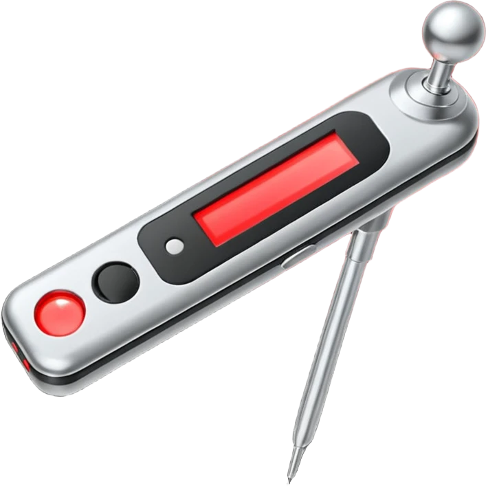 the neuralyzer from Men in Black movies; a pocket sized, extendable silver probe with a red light that flashes at the tip and 3 small black dials in the extended part; same width from end to end emoji
