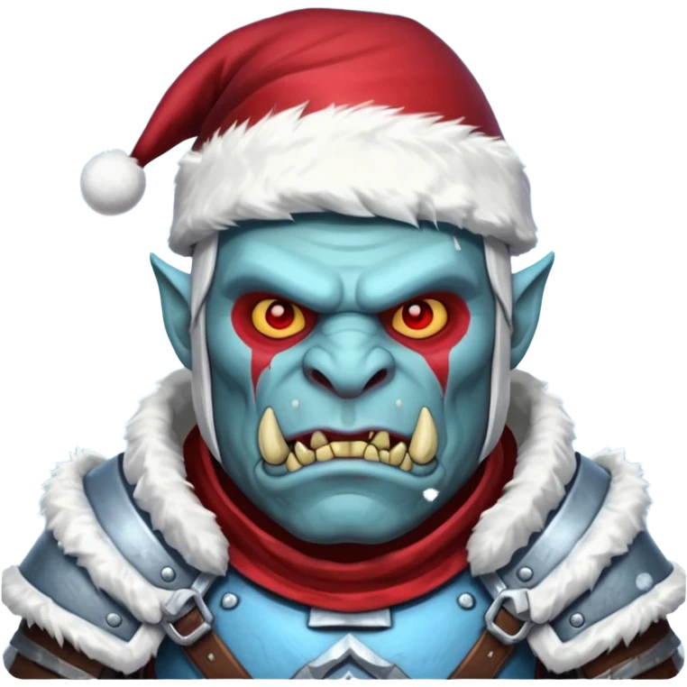 
Fantasy Christmas orc legion soldier icon, iron tundra army theme, heavy winter armor, disciplined brutal look, icy blue steel armor with deep crimson accents, frozen metal texture, cold winter atmosphere, male variant emoji