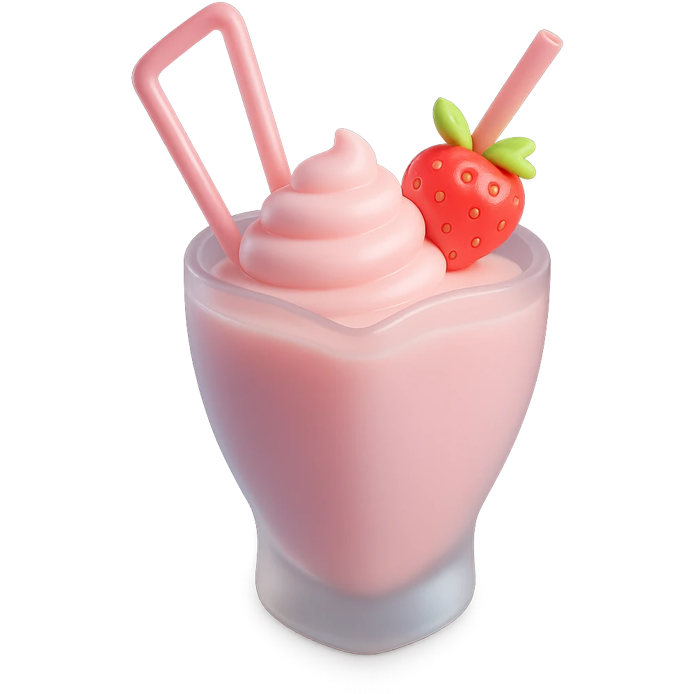 Make the 3D strawberry milkshake pastel colored with soft pinks and light tones. Keep the double straws, heart-shaped glass, and cherry on top. Remove the background. emoji