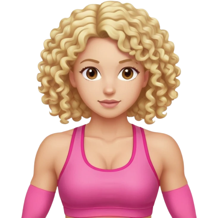 Blonde fitness trainer with curly hair and pink outfit emoji