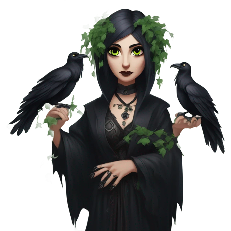 the morrigan goth woman version vines style furr robe stylish boots, perfect eyes, raven on hand, green vines decor on ground emoji