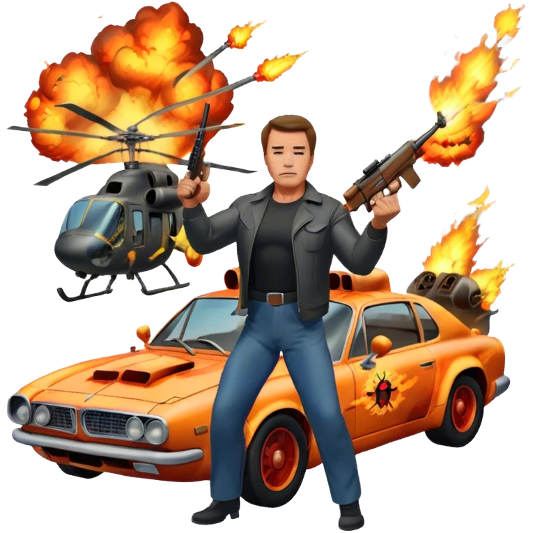 Icon for Action Movies: Arnold Schwarzenegger in the lead role, in an intense action pose with weapons, explosions, a car and helicopter flying out of flames in the background. The design should capture the explosive energy and heroism of classic action films. Transparent background. emoji