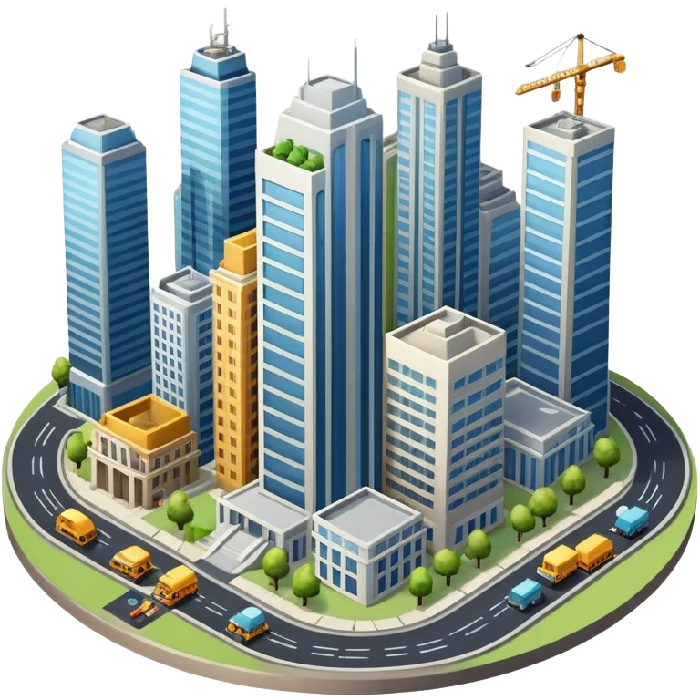 An icon showing a city-building game interface, inspired by Sim City. The design features a bustling city with roads, skyscrapers, and parks, with buildings being constructed and managed. The game’s interface, with stats and controls, is visible at the top. Transparent background. emoji