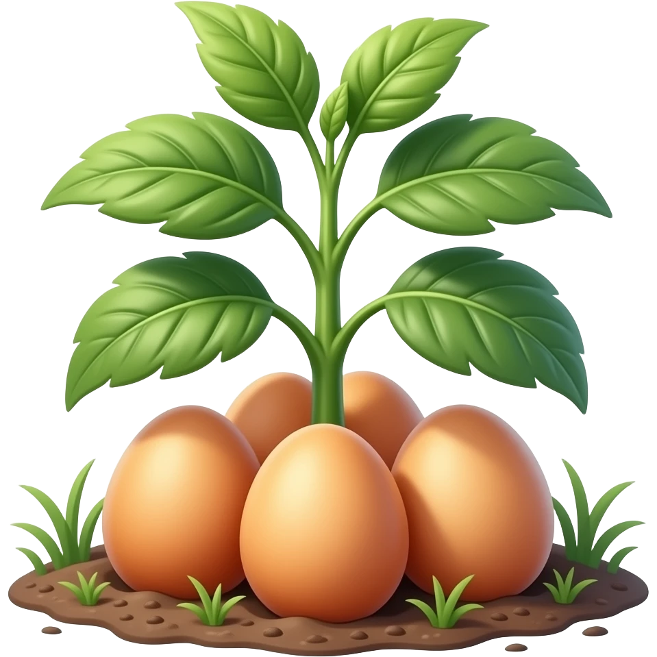 A green plant growing realistic chicken eggs instead of fruits, farm environment, morning light, high detail textures emoji