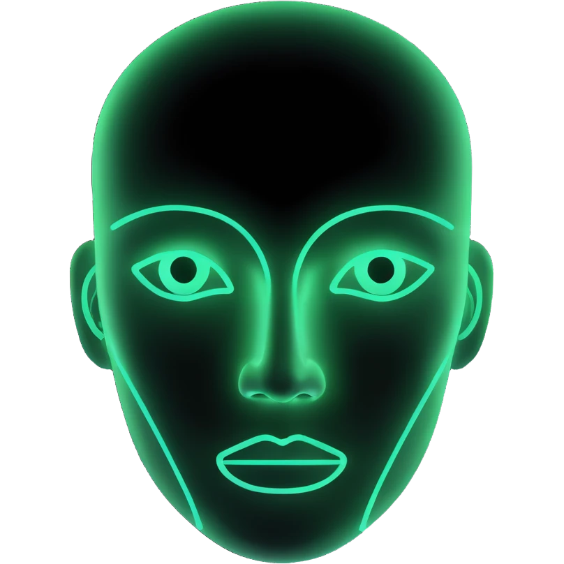 Minimalist futuristic AI avatar — clean glowing outline of a humanoid face, half-abstract with light reflections. emoji