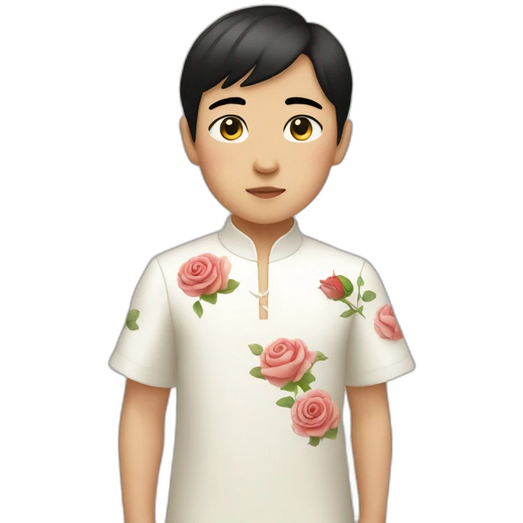 Asian boy, with black hair wearing a white dress with a rose pattern emoji