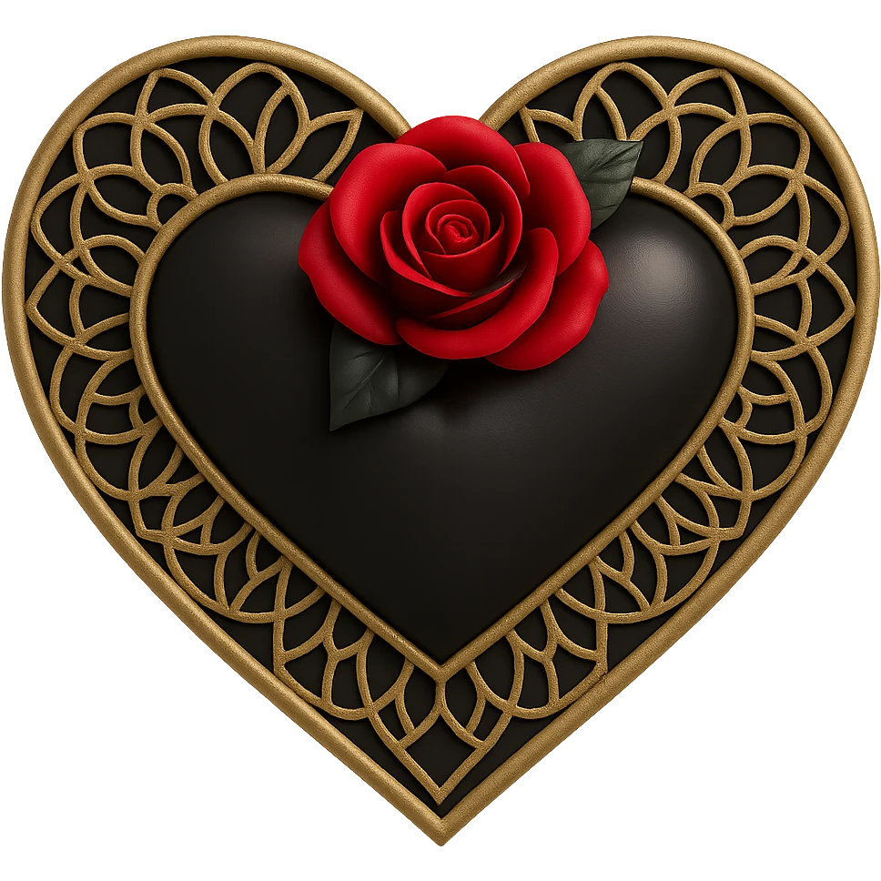 Add a gothic rose accent to the 3D goth black heart with lace patterns, keeping it shiny and dramatic with a gothic style. emoji