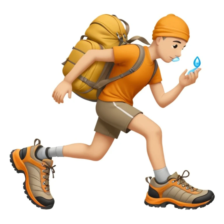 Je voudrais un moine bouddhiste avec un mulet qui pris en direction d’une paire de chaussures de trail, avec une bulle de pensée avec marqué trail emoji