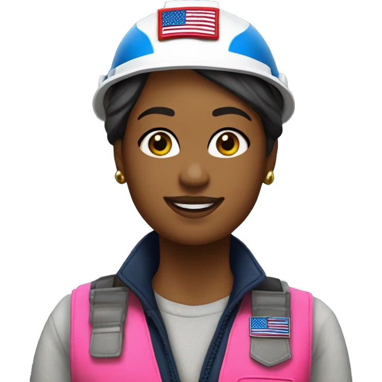 Wearing a patriotic dress with a neon pink safety vest, hard hat and ear muffs with a patriotic patch on her vest. The background image is of the patriotic flag  emoji