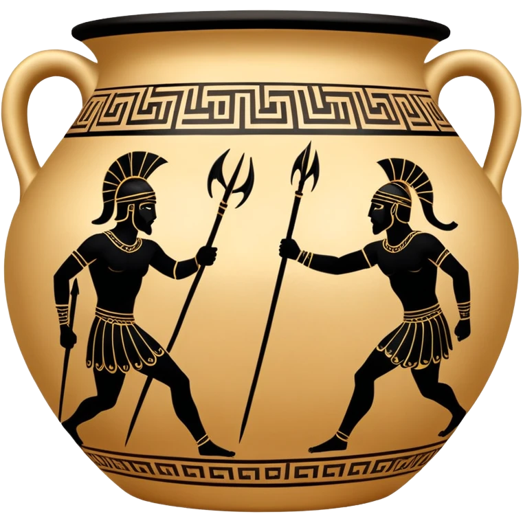 Cinematic-realistic Grecian urn, an exquisite black-figure pottery masterpiece resting in the dim glow of an ancient temple. Intricate golden depictions of two warrior fighting with spears and warriors encircle its curved form, telling timeless myths of heroism and tragedy.  emoji