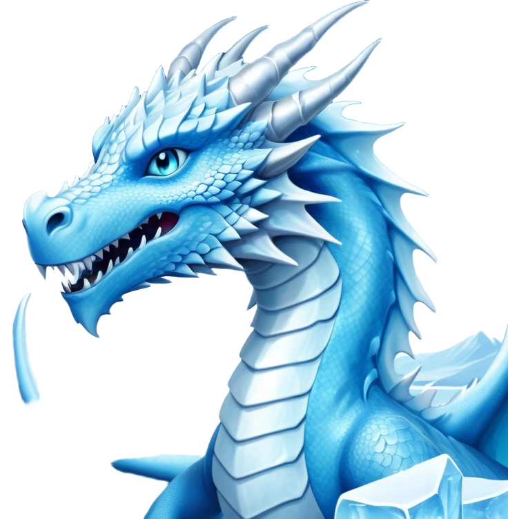 Cinematic Noble wise elegant Ice Dragon Portrait Emoji, Poised and imposing, distinct long elegant snout, with a slender, scaled body shimmering in glacial hues of icy blue, frostbitten silver, and crystalline white, breathing out frost, with piercing, glowing ice blue white eyes that radiate the chilling depths of an arctic storm; rendered in detail. excuding wisdom emoji