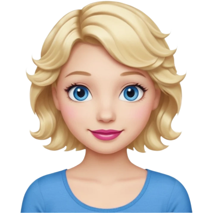 Girl Blonde short wavy hair,  blue eyes, cute blue top, long lashes, pink lips, smiling, 🙅🏻‍♀️ emoji