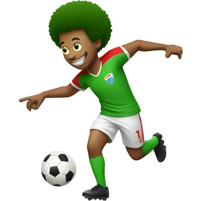 male in green shirt with red afro playing soccer with milk emoji