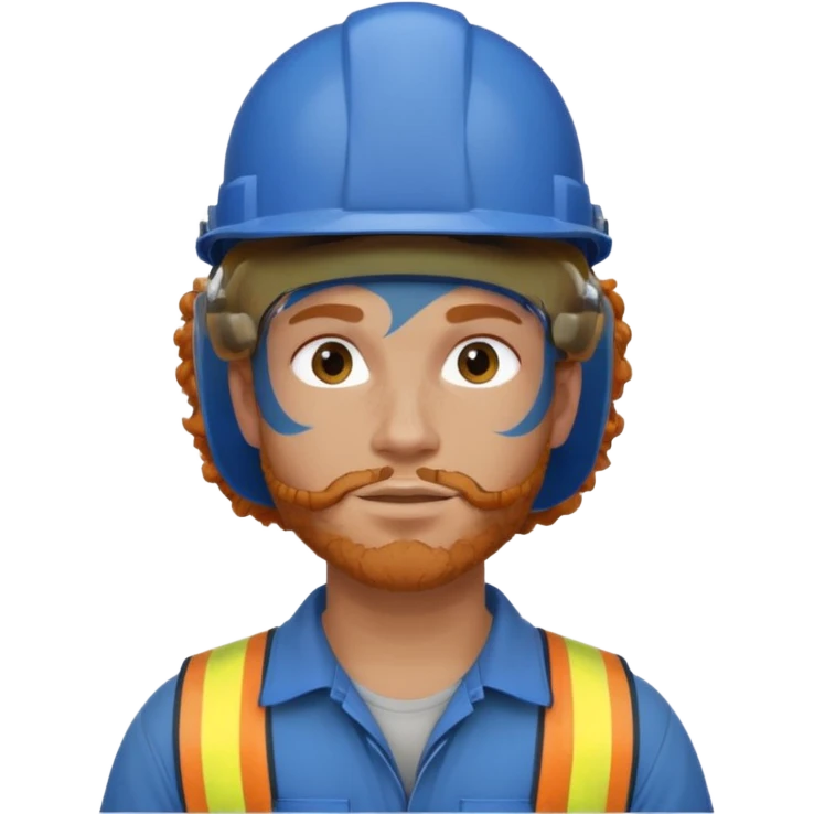 construction worker man ginger curly hair, blue helmet, heavy face tattoo emoji