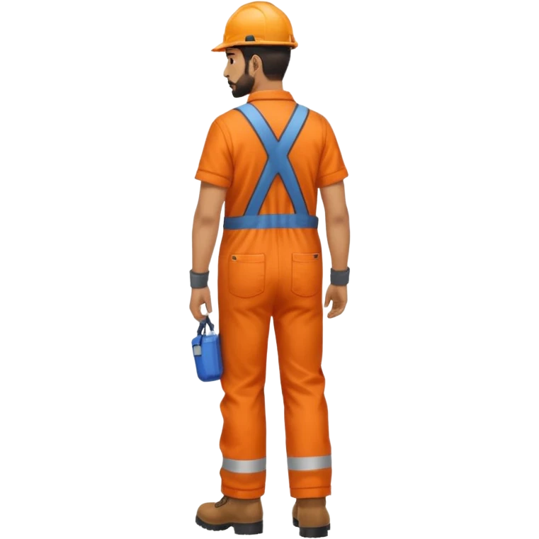 Indian male railway engineer orange overalls, boots walking back view emoji