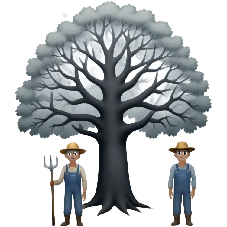 A cursed farmer couple staring into your soul with their giant white dots for eyes and the male farmer is standing next to a tree and they are both grayish black figures and the background is an extremely foggy field in a rural place emoji