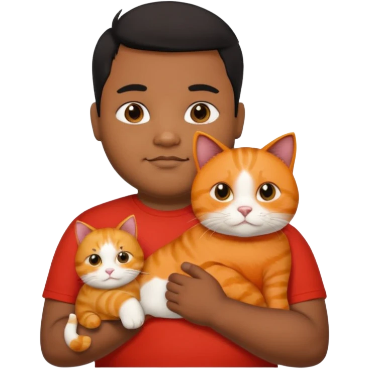 Indian black chubby guy with black middle parted hair in red t-shit with orange cat, age-24 emoji
