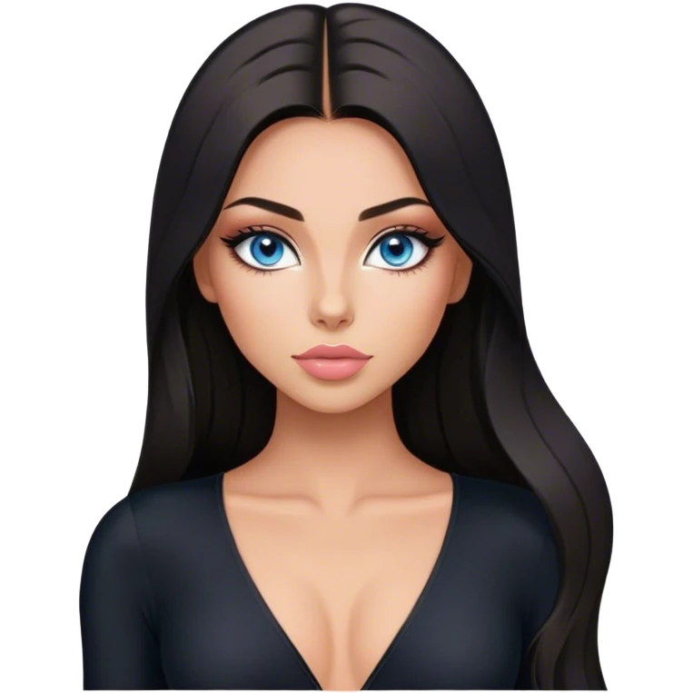 Glamours make-up, tanned, beautiful, girl, with blue eyes, big pump peach-beige-rose lips, eyeliner, long lashes, black straight smooth silky long hair, parting hair in the middle,  in black v-neck bodysuit long sleeves emoji