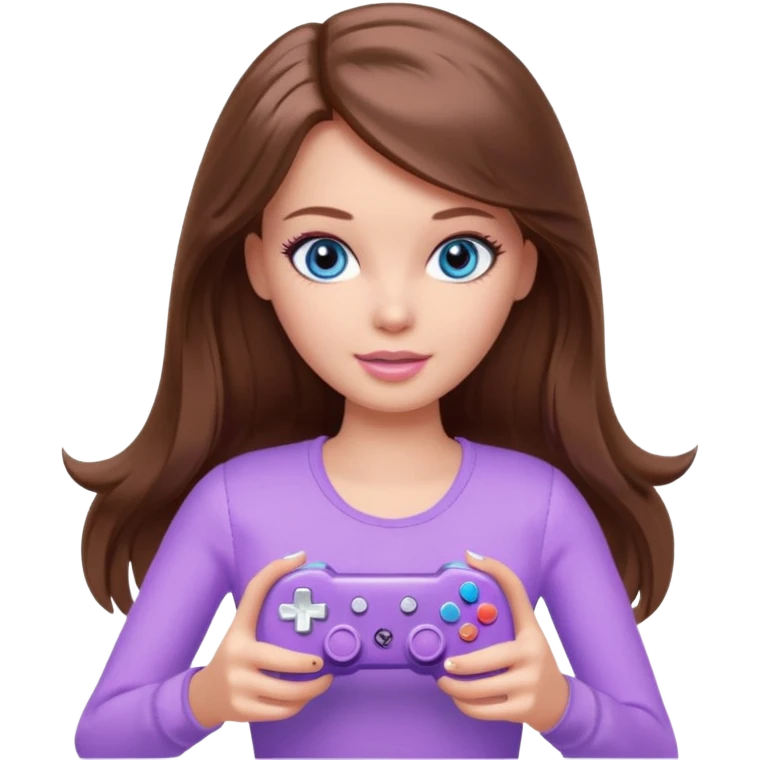 beautiful barbie girl with long brown hair, blue eyes and wearing light purple clothes playing console games with controller emoji