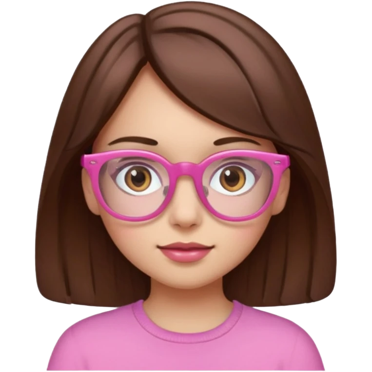 girl with medium brown hair and brown eyes, wearing pink glasses emoji