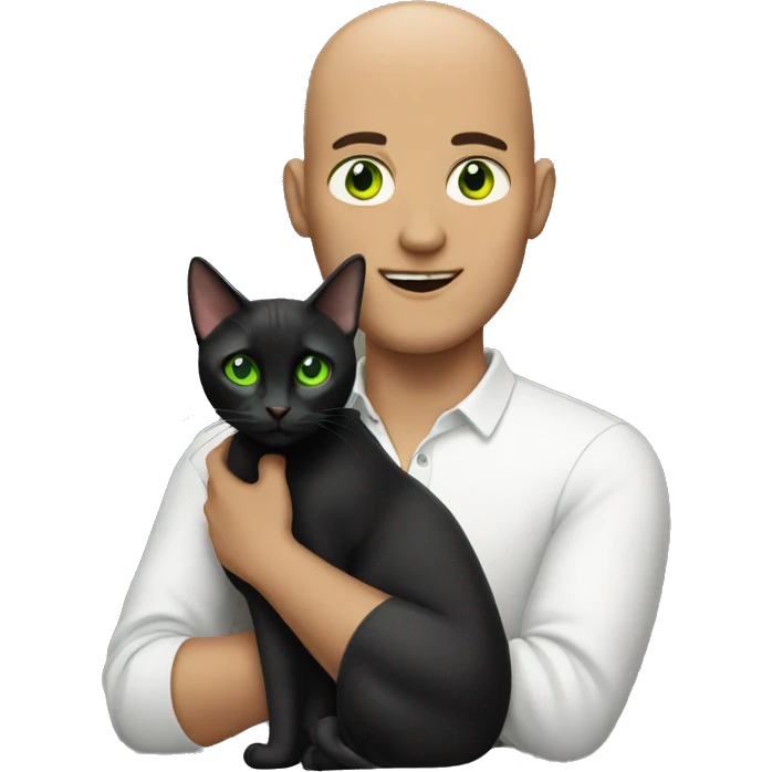 Bald man holding a green eyed black cat emoji