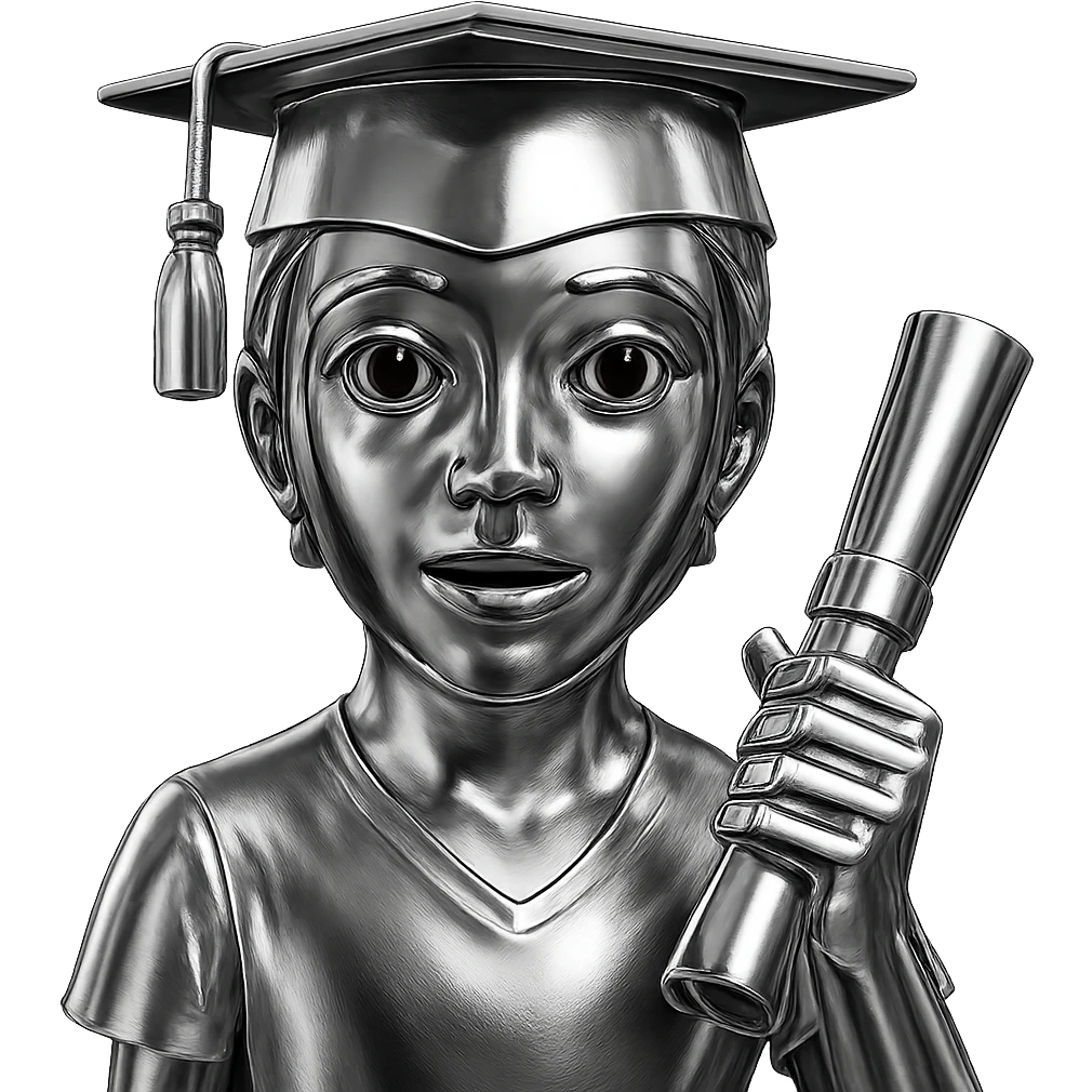 Add a chrome style diploma scroll in the graduate's hand, keep everything metallic and shiny, no background. emoji