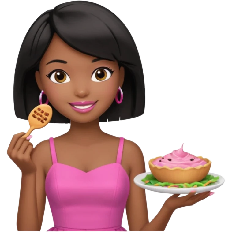 Black barbie, short  black bob  hair, pink dress eating with a sign that says snipe emoji