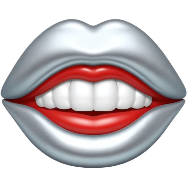 Chrome silver lips emoji, glossy metallic texture, iOS emoji style, smooth reflections, bold but minimal design, centered, silver mouth. all silver emoji
