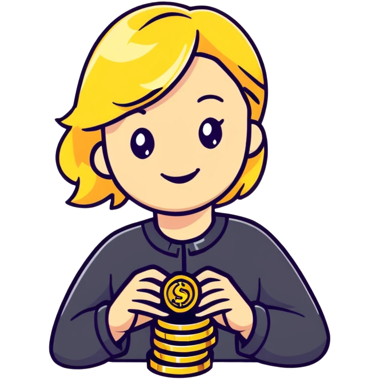 smiling blonde girl holding gold coins emoji