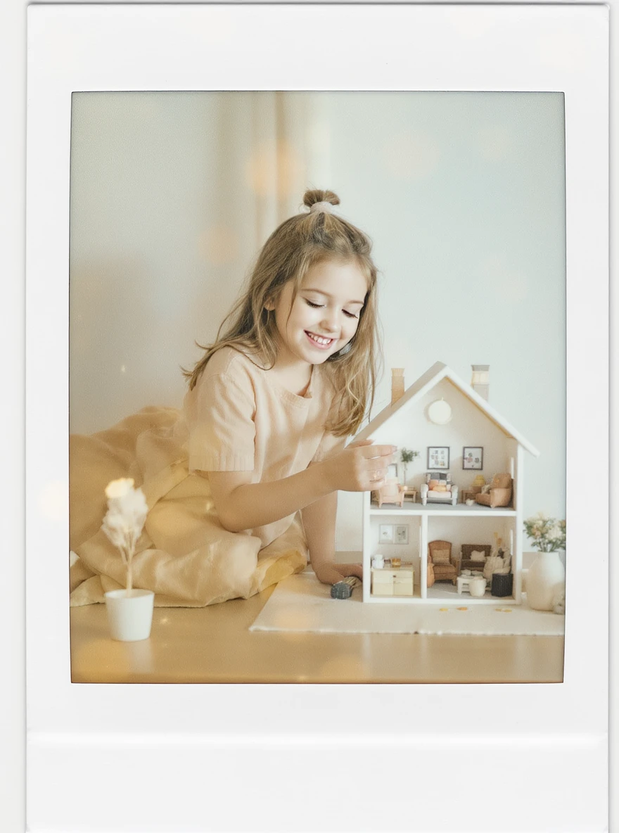 smiling girl arranging furniture in doll house emoji