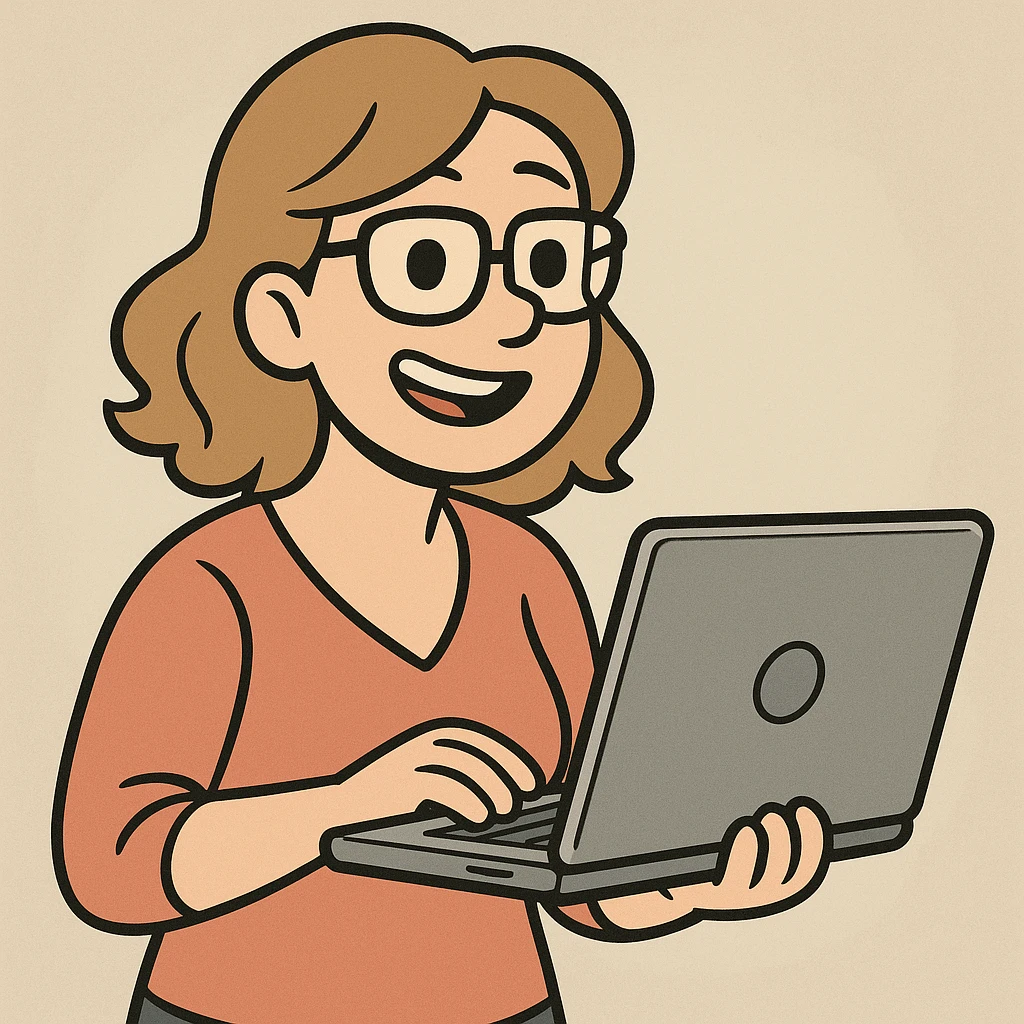 a woman with glasses holding a laptop, cartoon style emoji