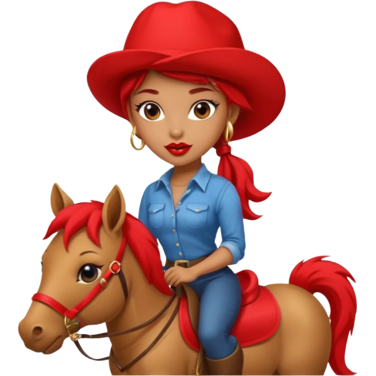 cinematic realistic - a seductive girl rides a pony and wears a huge lipstick on her head emoji