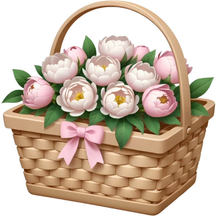 White Picnic basket with light pink bow and white peonies inside emoji