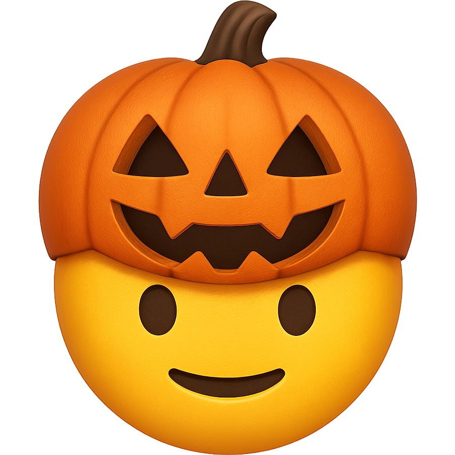 yellow face with orange pumpkin mask emoji, digital illustration emoji
