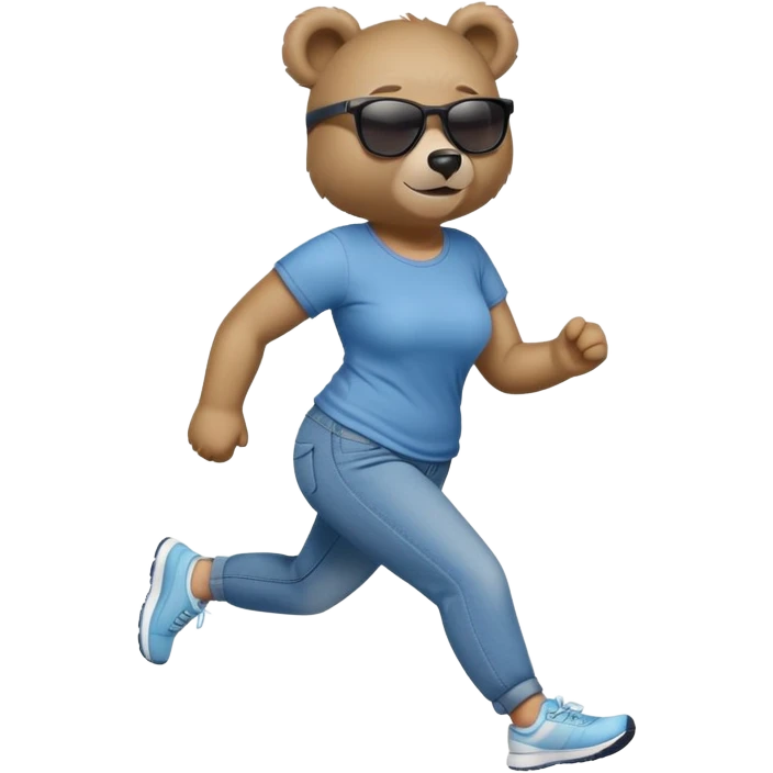 friendly anthropomorphised female bear in jeans and a t-shirt, wearing dark sunglasses, jogging upright in relaxed pose emoji