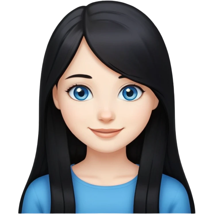 A beautiful girl with blue eyes and long straight black hair and white skin with a smile emoji