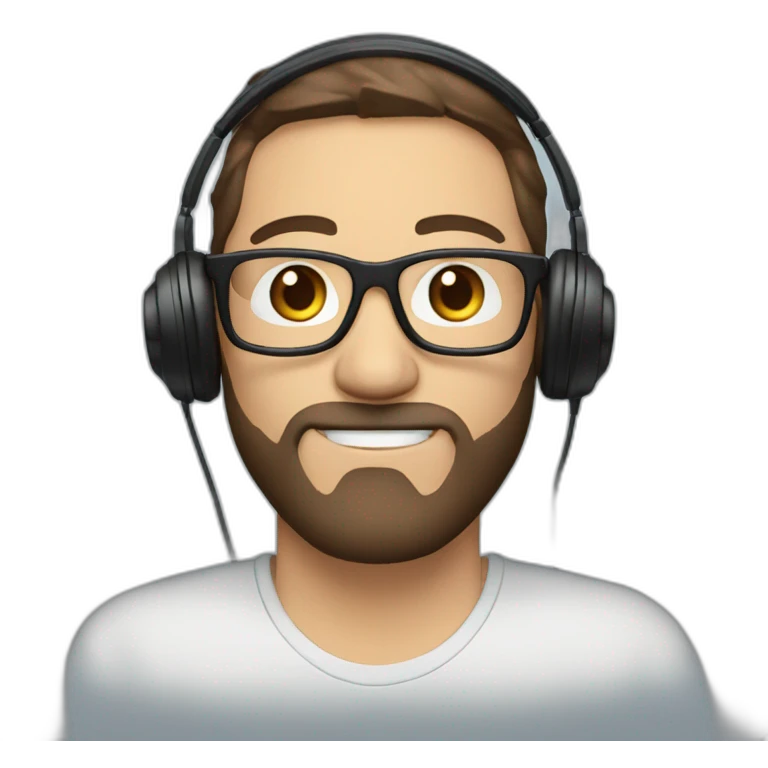 man with brown hair blue eyes beard and glasses and headphones emoji