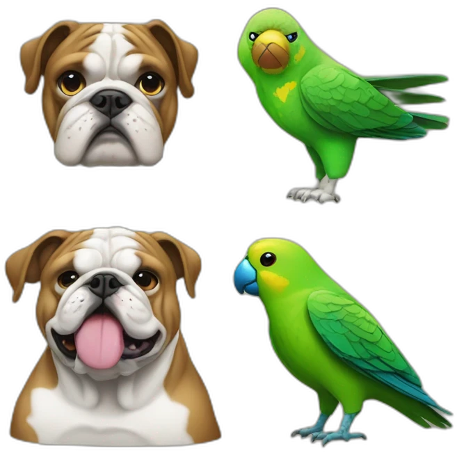 a bulldog and a green Parakeet emoji