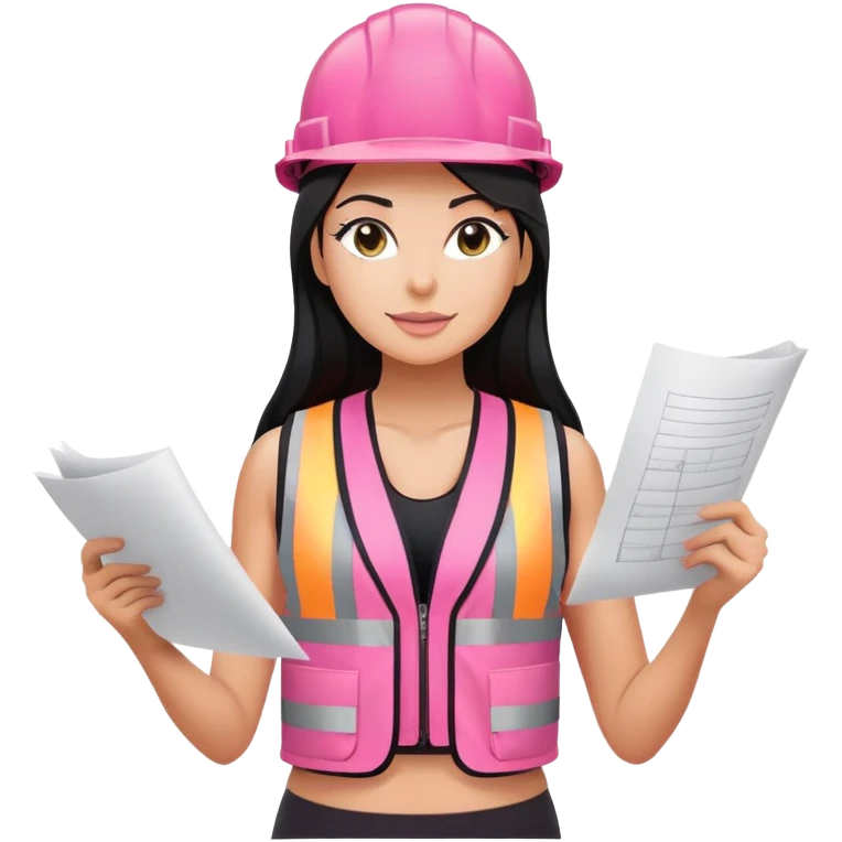 pink construction hat, design draft in hand, long black hair tanned woman, black sports bra, pink vest, sexy, hot  emoji