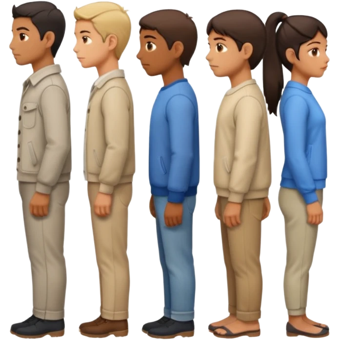 A row of five people standing one behind the other, all facing to the right, side view. emoji